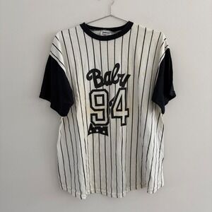 Vintage New Additions Maternity Baby 94 Pinstripe Baseball T-Shirt White Black